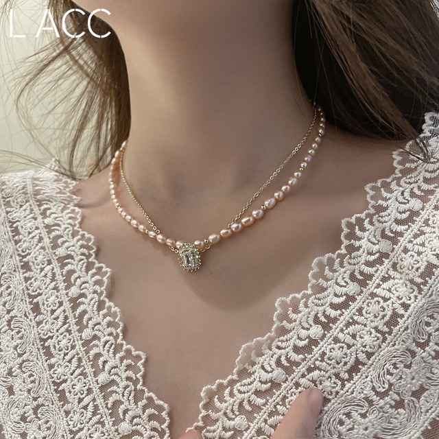 ダブルパールネックレス チェーン レース ペンダント ナチュラル 真珠 天然 LACC27392140998