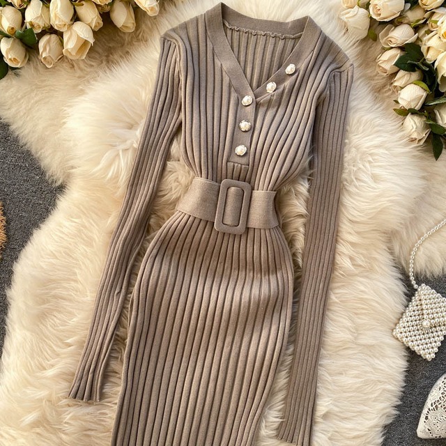 ワンピース レディース 送料無料 5色 ニットワンピース リブワンピース タイトワンピース ストレッチワンピース おしゃれ スタイル 小顔見せ 着痩せ 体形カバー インスタ トレンド きれいめ かわいい エレガント フェミニン  キュート ガーリー Vネック ニットフリーサイズ カラーバリエーション ブラック グレー ブルー グレージュ ピンク   デート 上品 ミドル丈 ミモレ丈 オフィス 通勤 OL シンプル リブニット バックルベルト ウエストマーク ハイウエスト ダスティカラー モノトーン