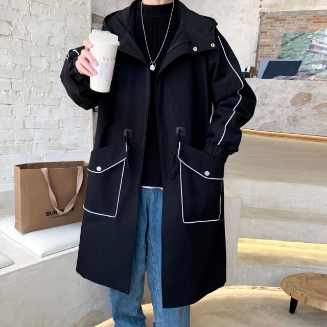 【予約販売】コート チェスターコート アウター ライン パイピング ミドル丈フード付き 防寒 メンズ ビジネス ブラック ベージュ シンプル 防寒 お洒落 こなれ感 ベーシック 秋冬 大きいサイズ M/L/XL/2XL/3XL