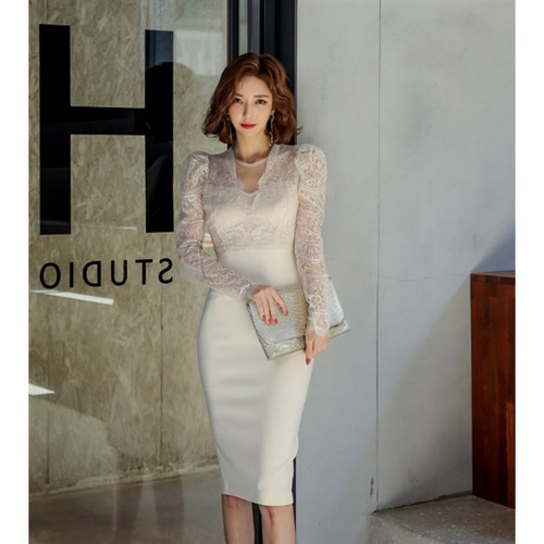 結婚式ドレス 大きいサイズ レーススカート 長袖 スリムフィット ラウンドネック ミッドスカート エレガント お呼ばれ きれいめ フォーマル セレモニー レトロ パフスリーブ ミドル丈 ワンピース