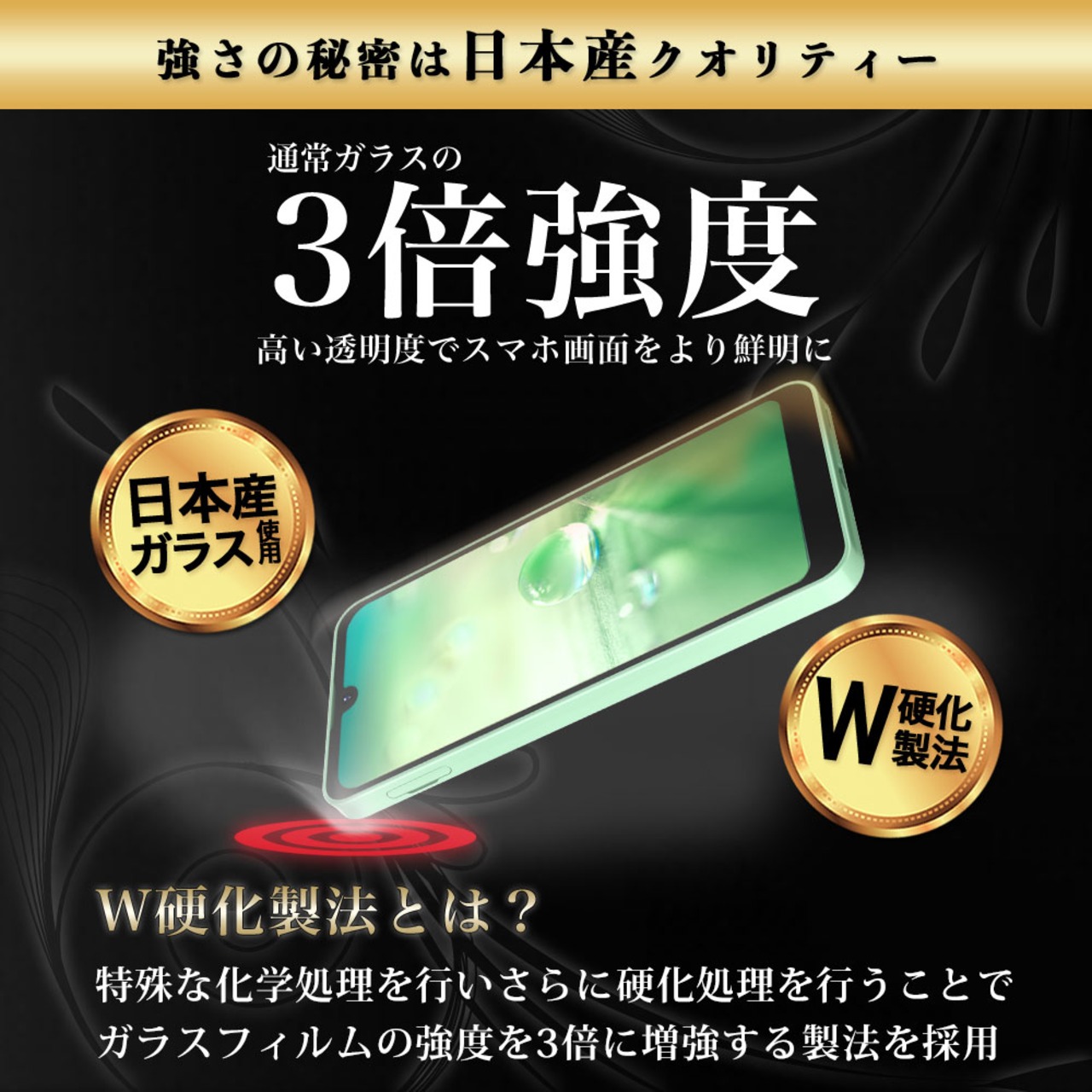 Hy+ AQUOS wish AQUOS wish2 フィルム SH-51C SHG06 ガラスフィルム W硬化製法 一般ガラスの3倍強度 全面保護 全面吸着 日本産ガラス使用 厚み0.33mm ブラック