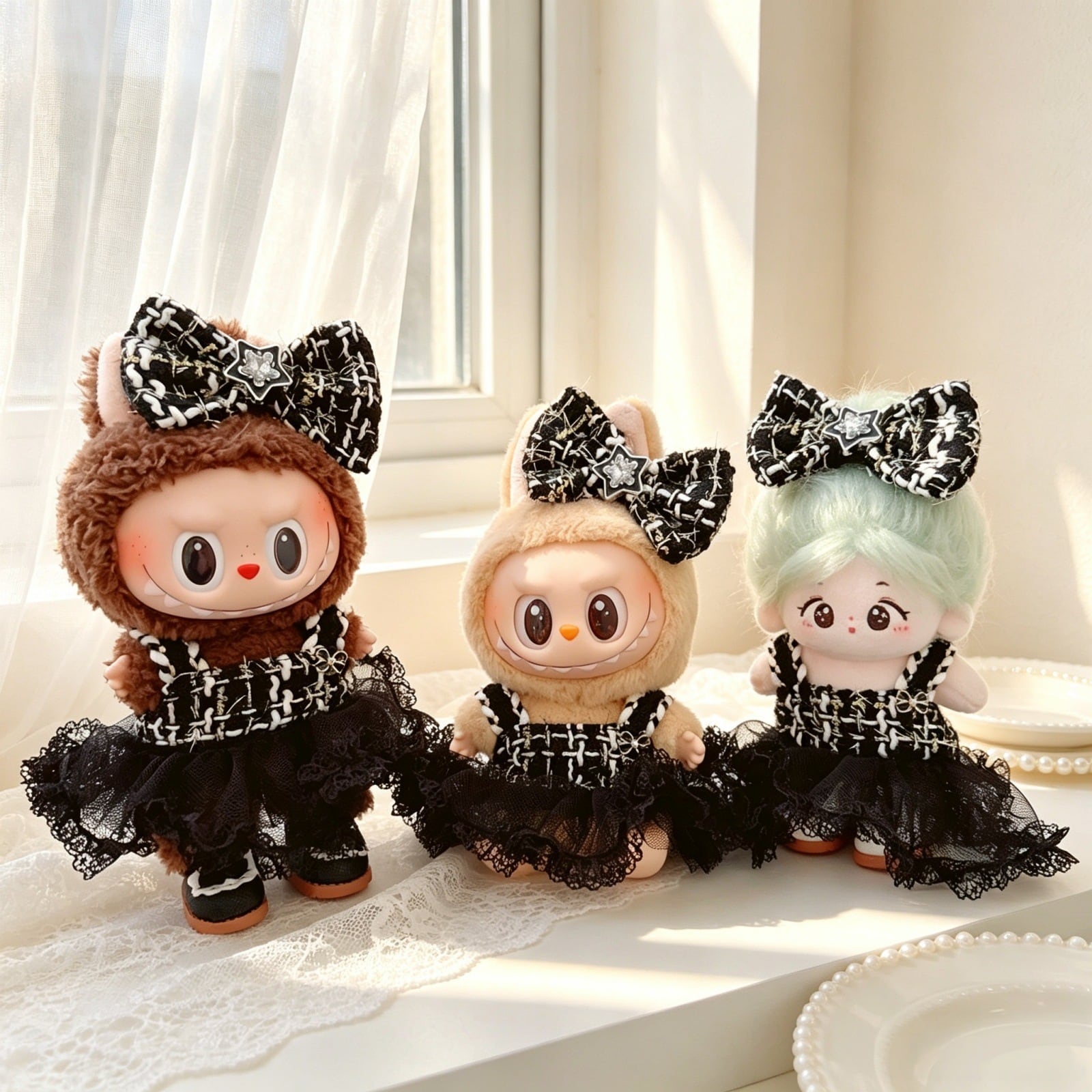 ぬいぐるみ レース付きトップス着用 labubu1-3代/15cm用 レースワンピース+ヘアアクセサリー ぬいぐるみ
