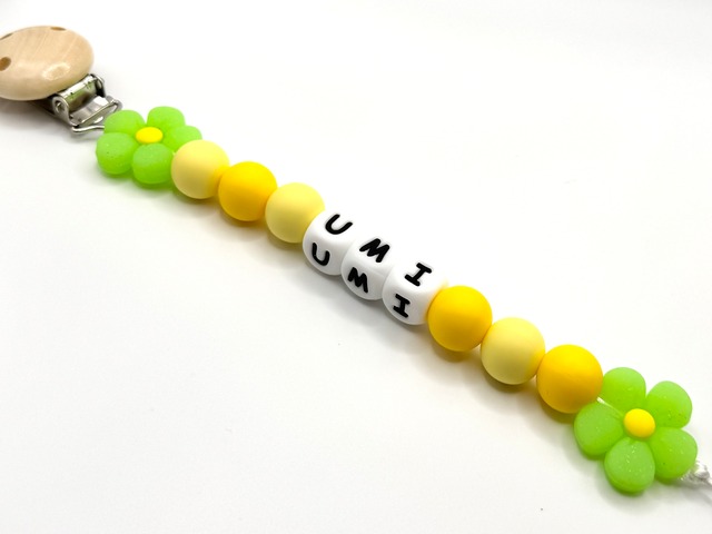 名前入り　ベビークリップ Green flower yellow
