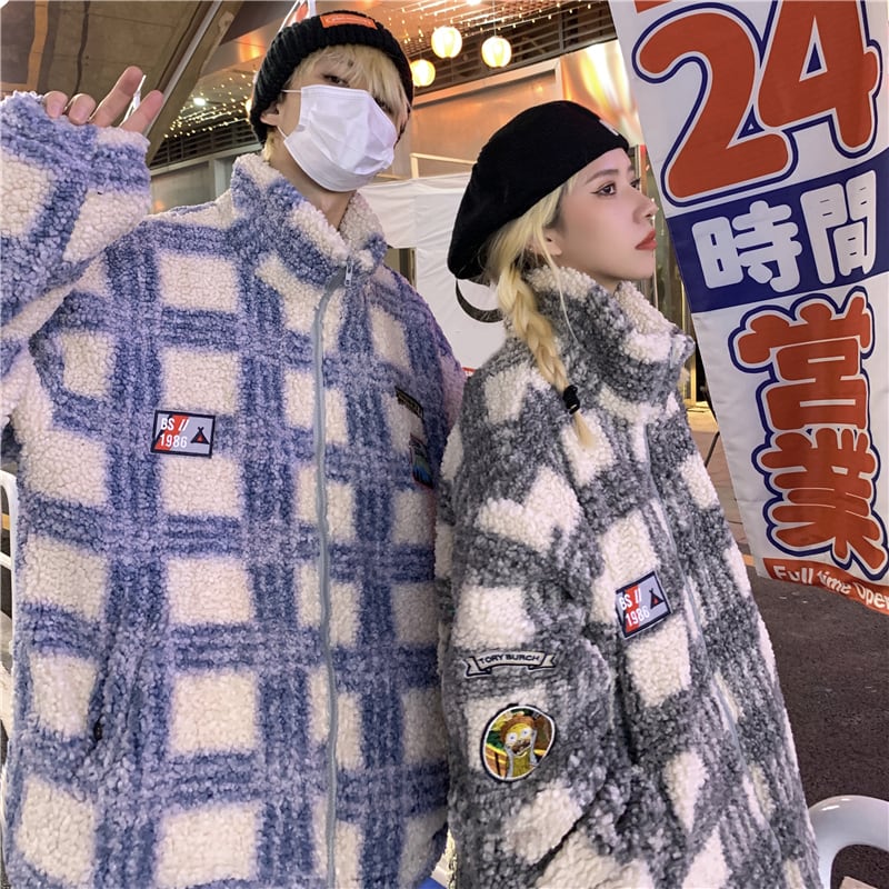 ユニセックス チェック柄 ボアジャケットもこもこ ラムウール ジップ