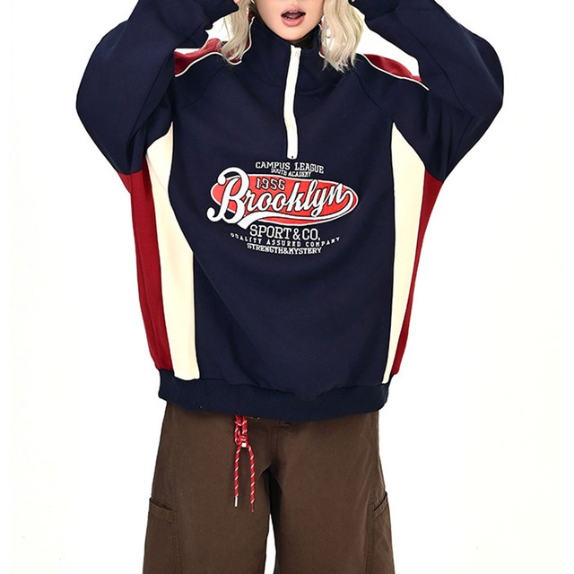 ブルックリンカレッジロゴハーフジップ 2col   R01013