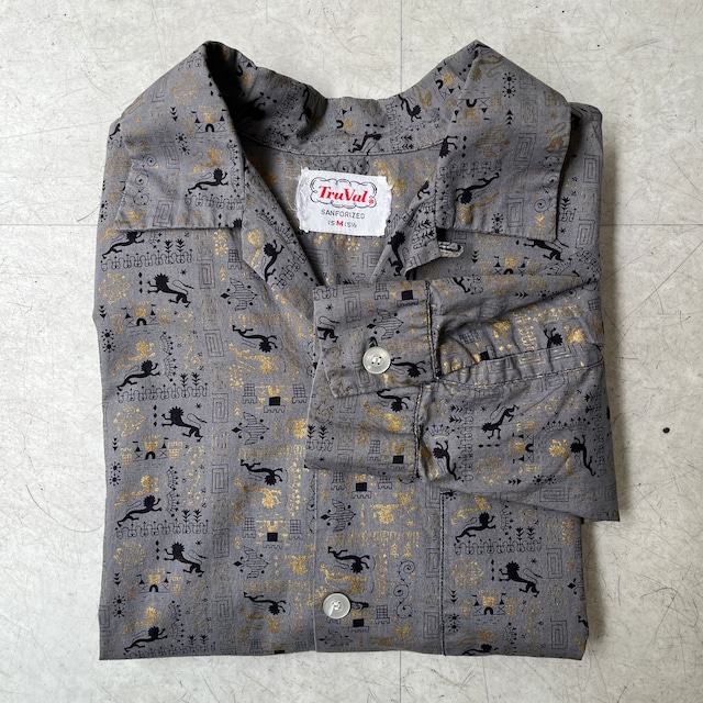 50s TruVal L/S Cotton Shirt 50年代 トゥルーバル コットンシャツ 開襟 長袖シャツ グレー×黒×金 15-15H