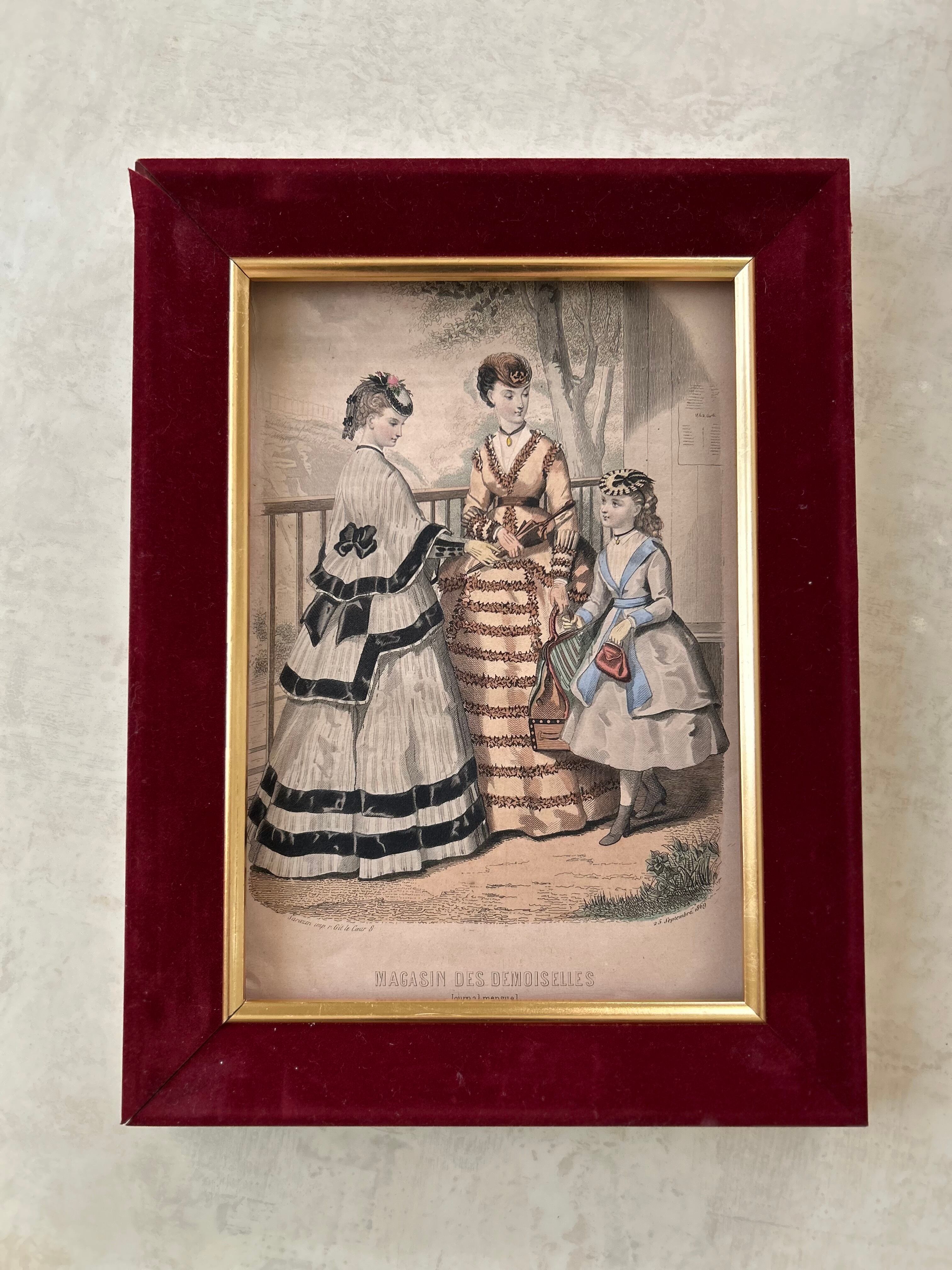 フランスアンティーク MAGASIN DES DEMOISELLES リトグラフ モード画 1868年 版画 ファッションプレート 額装 インテリア