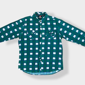 【QUIKSILVER】X-LARGE  ビッグサイズ フランネルシャツ ネルシャツ 長袖 ブロック チェック柄 カジュアルシャツ 刺繍ロゴ フラップポケット クイックシルバー グリーン系 US古着