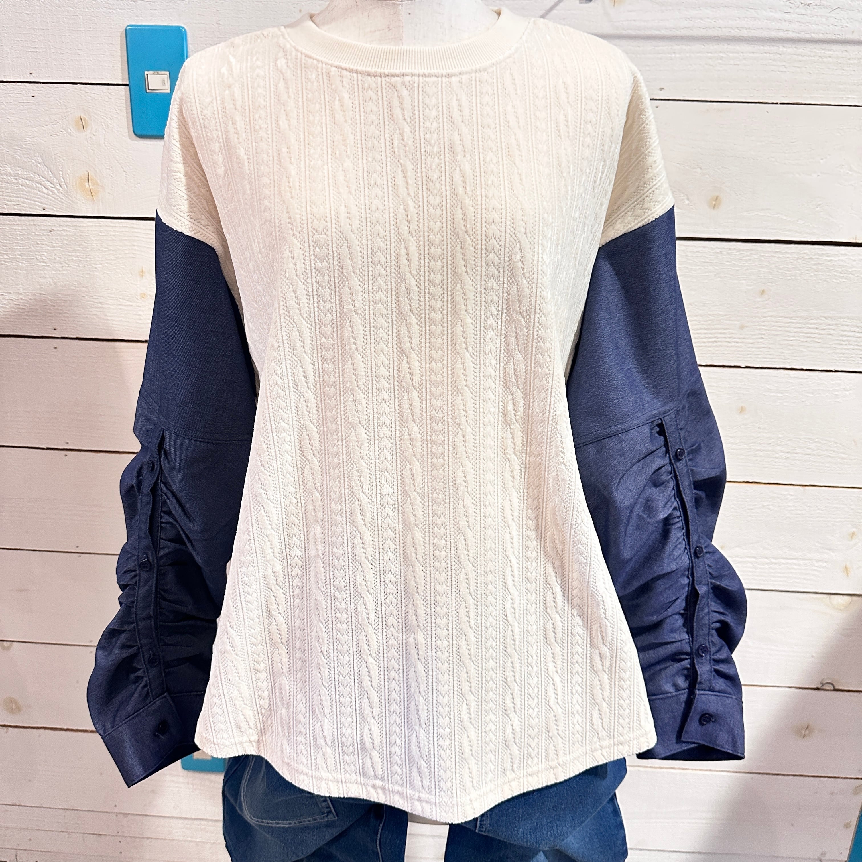 ケーブルカットソー袖ボタンプルオーバー　袖デニム　フリーサイズ　ドッキングトップス