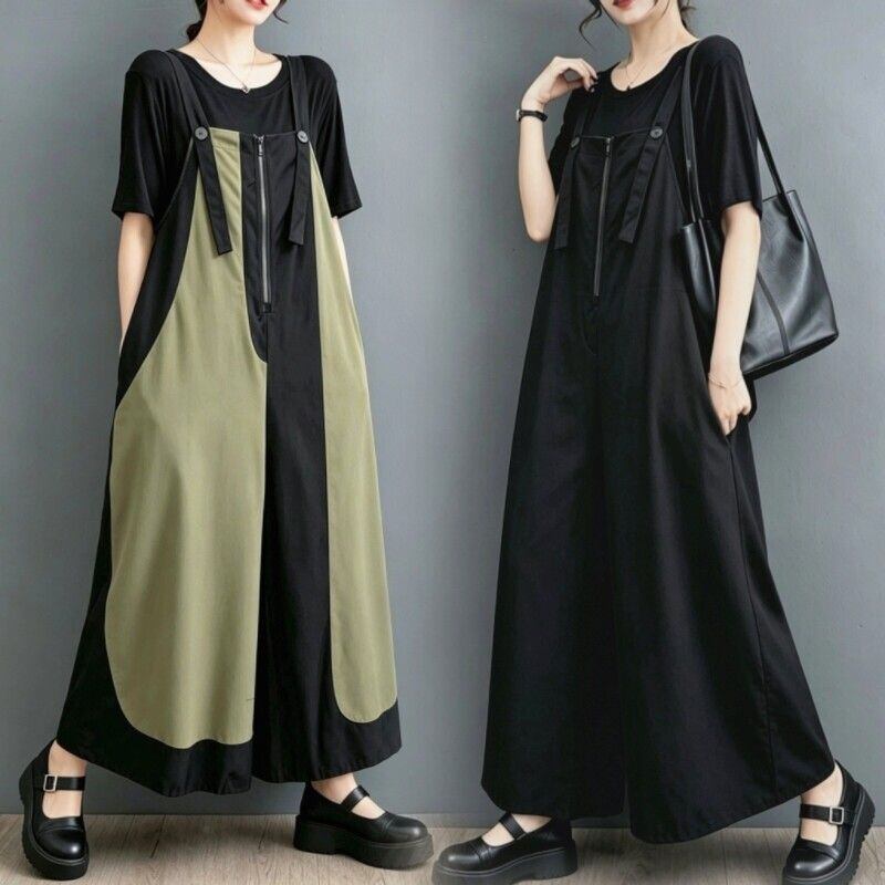 CONTRAST ZIPPER WIDE LEG SUSPENDER JUMPSUIT M-17923