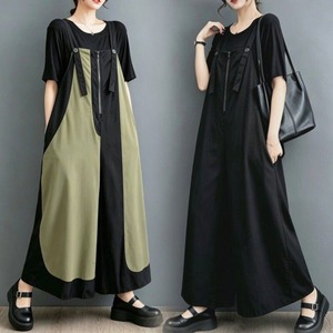 CONTRAST ZIPPER WIDE LEG SUSPENDER JUMPSUIT M-17923