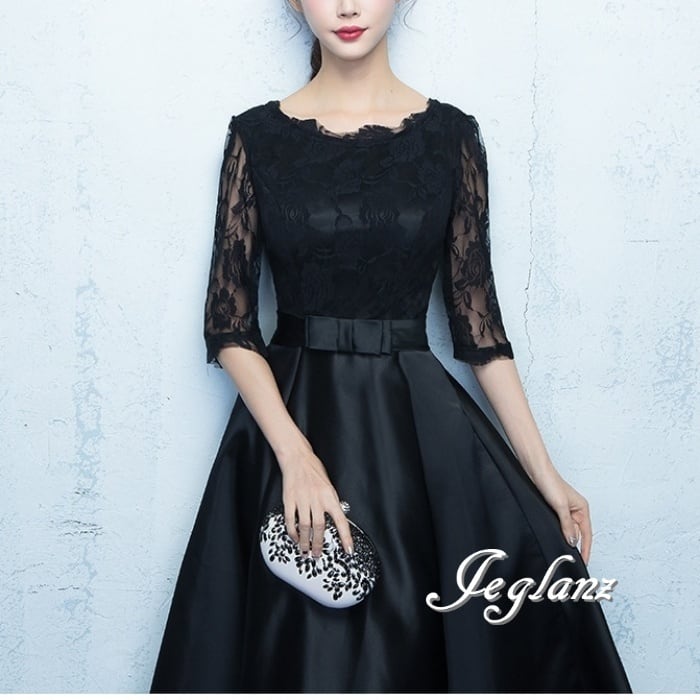 3色 パーティ ドレス 切替 レース 立体リボン 5分袖 ショート/ロング/イブニング(M8890)ζ