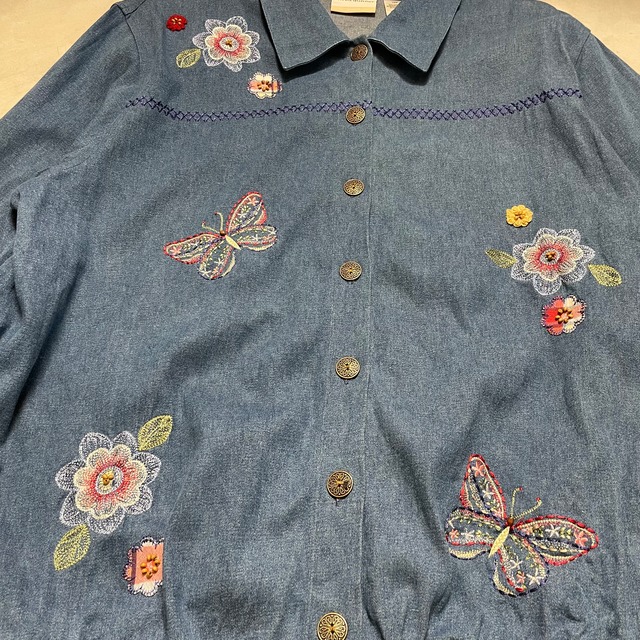 alfred dunner 刺繍 総柄 花 デニムジャケット レディースL 相当 古着 