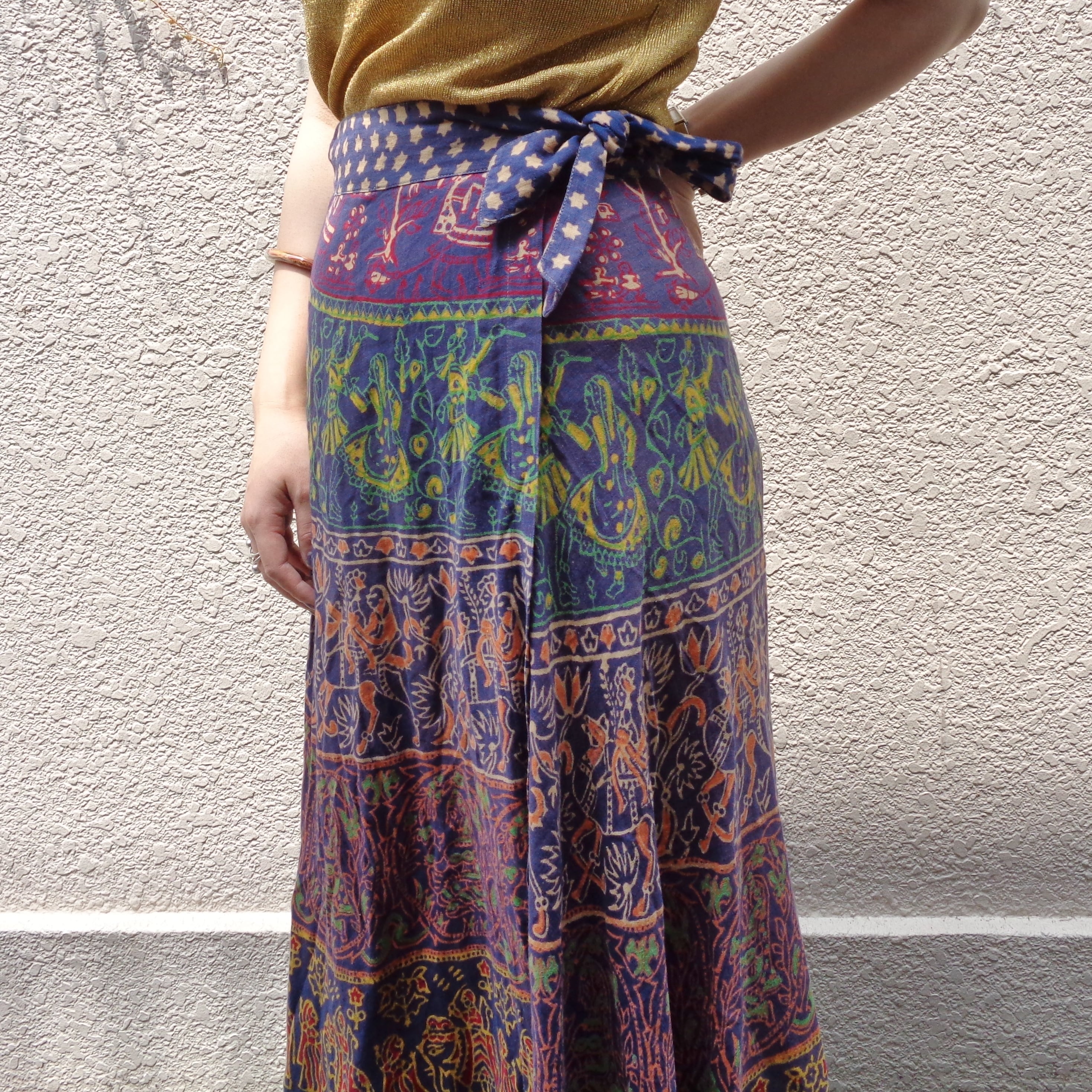 Indian cotton handblockprint wrapskirt／インド綿 ハンドブロッ