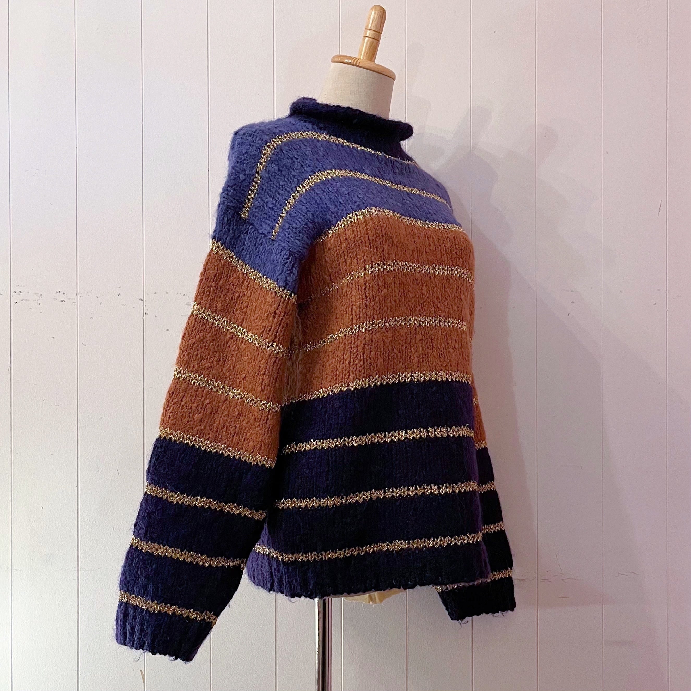 purple lame gold high necked sweater