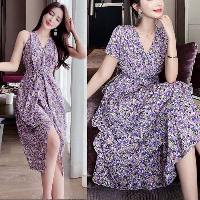 全3タイプ レディース ワンピースドレス オケージョンワンピ 花柄 総柄 パープル 膝下丈 フリル S/L/XL