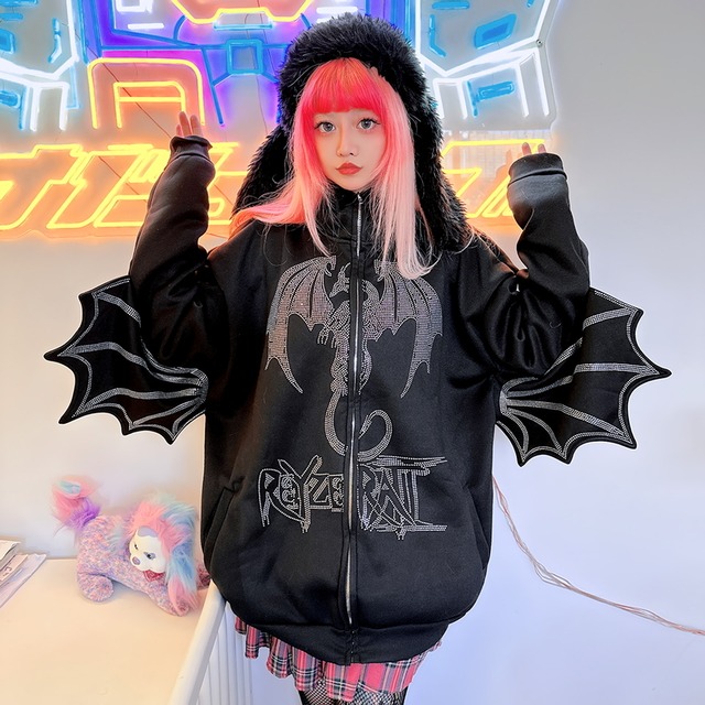 ゴスロリ通販 With U  ゴスロリ系 FANLOVE パーカー フーディ スパイスガール 病み可愛い ドラゴン ラインストーン Y2K ストリート系 原宿ファッション バンギャ Z世代