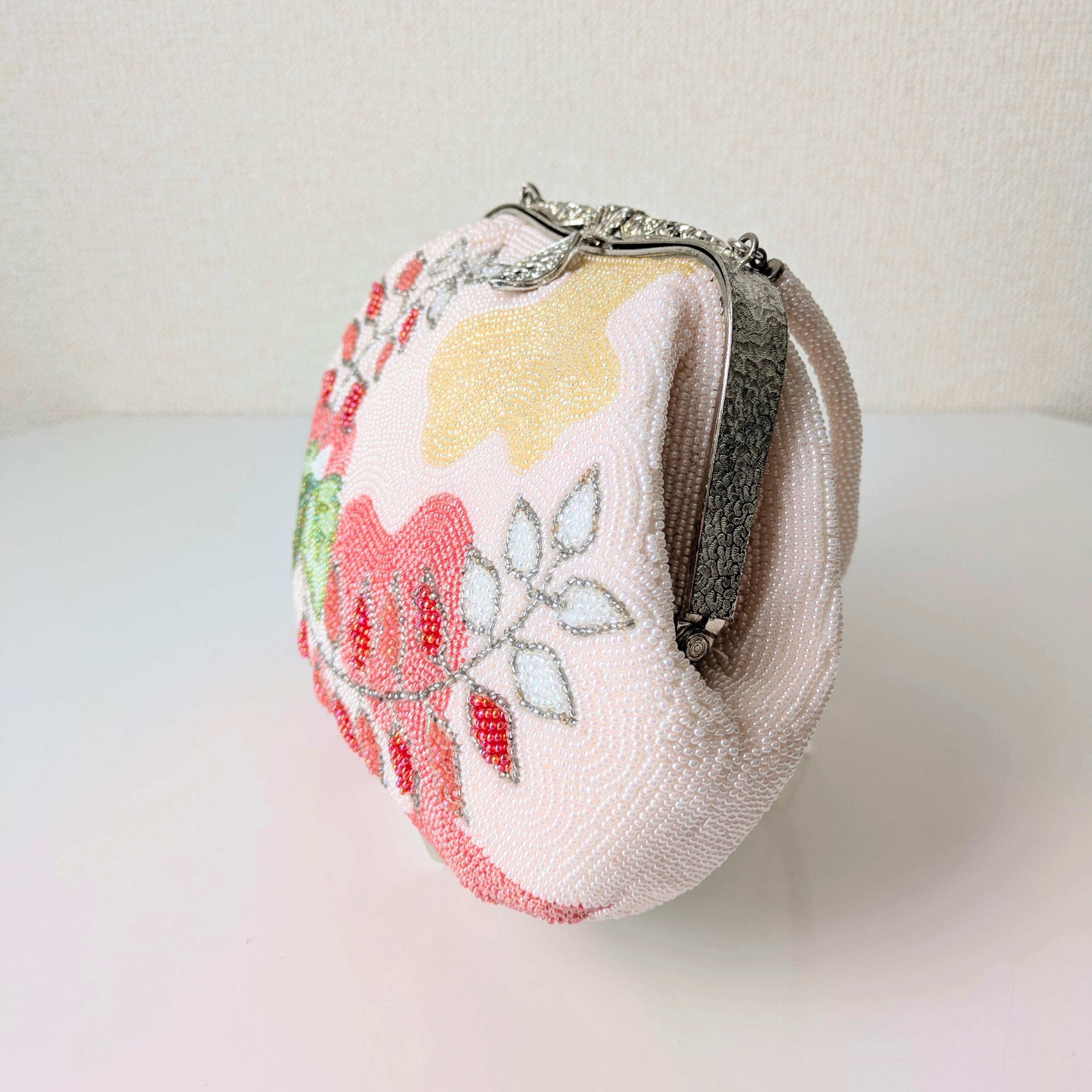 Vintage】ビーズ刺繍バッグ ピンク 藤の花模様 パーティーバッグ 昭和