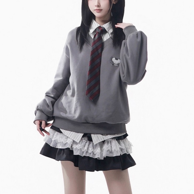 マウス刺繍フェイクレイヤードスウェットトップス（lli_6544）