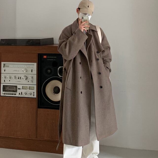 【予約販売】ウールコート ロング丈 トレンチ 無地 オーバーサイズ ブラウン カジュアル シック シンプル 無地 防寒 お洒落 こなれ感 ベーシック 秋冬 M/L/XL/2XL