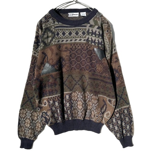 [URBAN WORKS] Vintage Abstract Pattern Leather x Knit Crewneck Knit [1980s-] Vintage Crewneck Knit