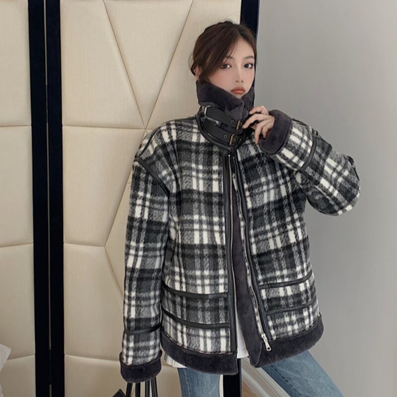 ブラック格子柄コート オータムウィンターベルベット 秋物 冬物 YY-ファッション63264651375