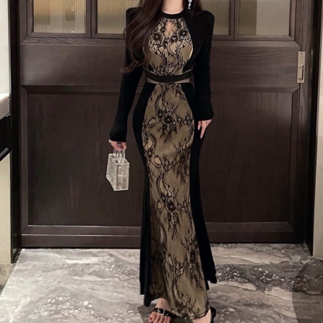 【予約販売】ワンピース レディース レース ロングワンピース ブラック 黒 長袖 こなれ感 パーティー 結婚式 ワンピ 大人可愛い ドレス エレガント上品 韓国 S/M/L