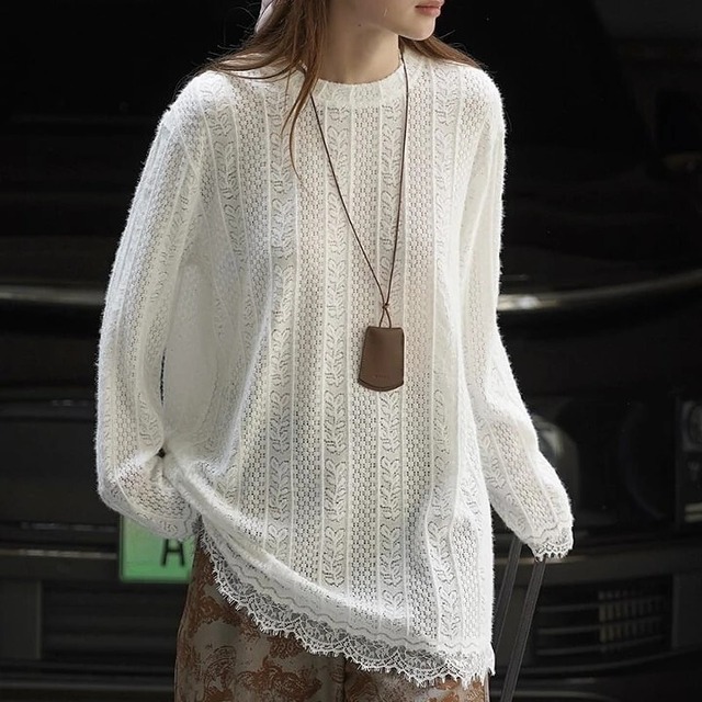 Hem lace sheer knit pullover　V2523