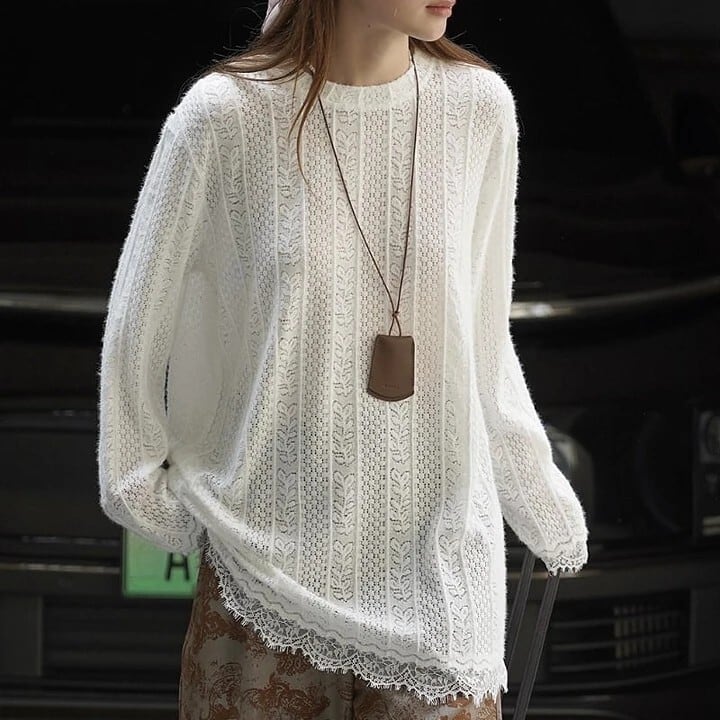 Hem lace sheer knit pullover V2523