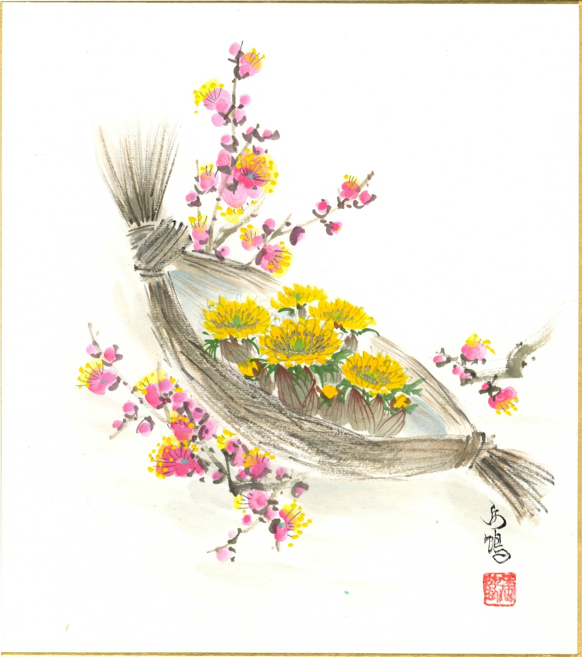 西出香鶴「福寿草」色紙絵 | 吉村唐木店 WEBSHOP