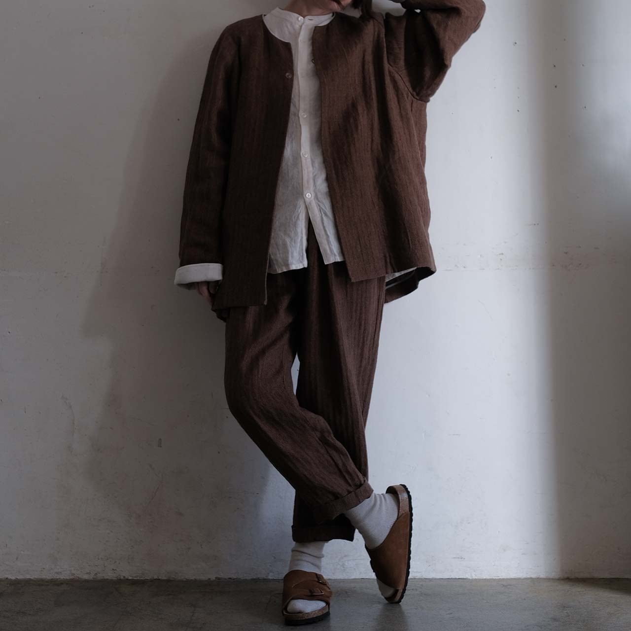 SALUE egg pants herringbone linen サルエ unisex egg pants C／herringbone linen〈brown×beige〉 | SALUÉ