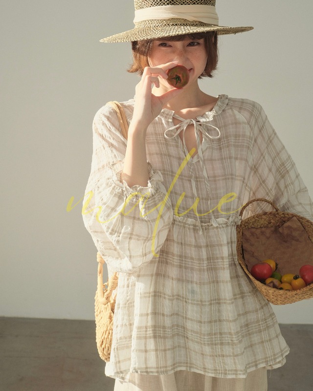 ribbon check pattern ruffled sheer blouse M0033