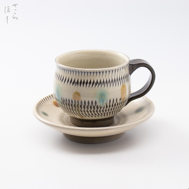 小鹿田焼 小袋窯【コーヒーカップ＆ソーサーセット】飛びかんな 赤青ドット 陶器 和食器 民藝