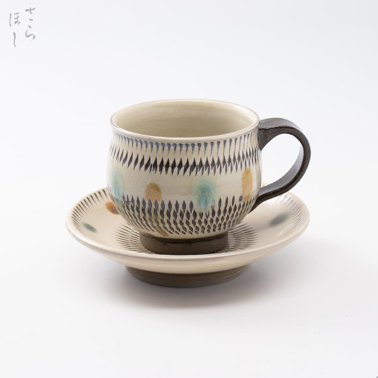 小鹿田焼 小袋窯【コーヒーカップ&ソーサーセット】飛びかんな 赤青ドット 陶器 和食器 民藝