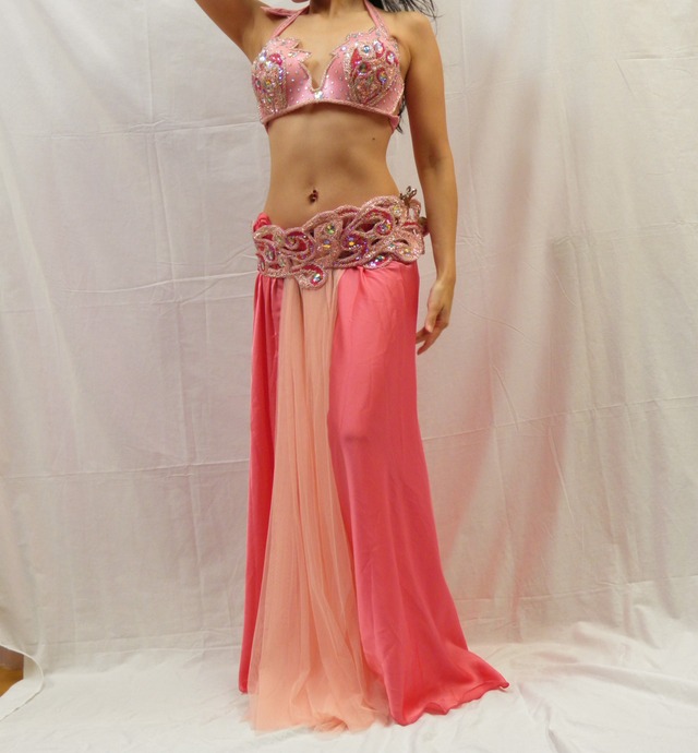 ベリーダンス衣装 ターキッシュスタイル　ピンク　ブラベルト、スカート、飾り付