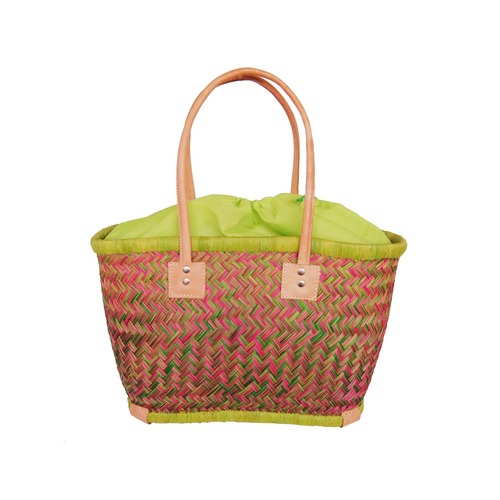 アウトレット品【かごバッグ】パニエM / ロングハンドル_インナーバック付き YellowGreen x Pink /マルシェバッグ