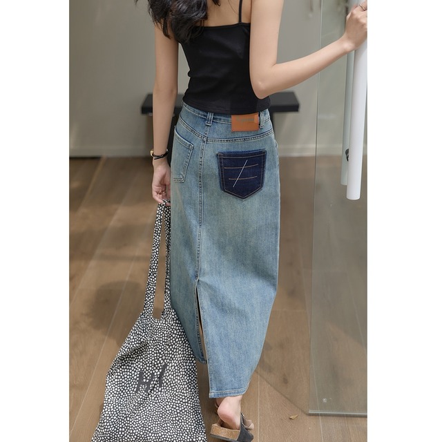 back slit straight denim skirt