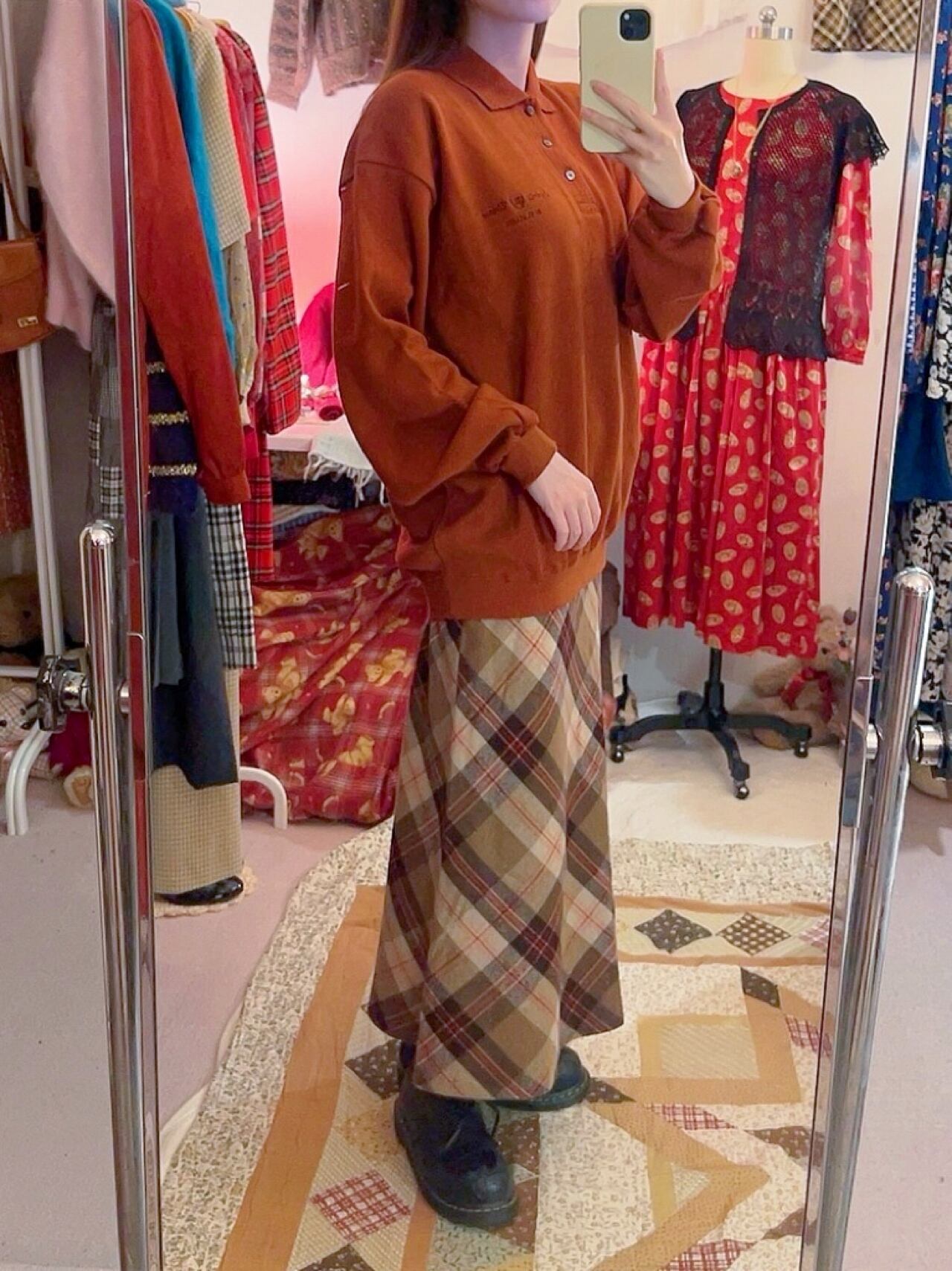 orange check wool long skirt