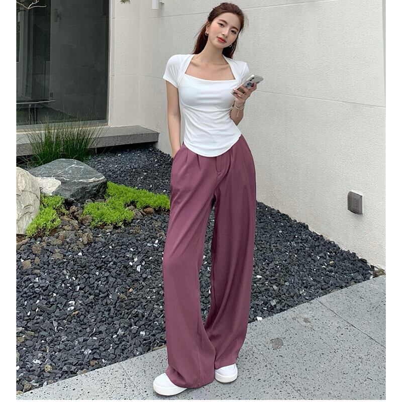 スタンダードカジュアルパンツ サマーブラックルーズハイウェストウェストワイドレッグ レトロ 夏物 ワイドパンツ ガールズファッション21430488904