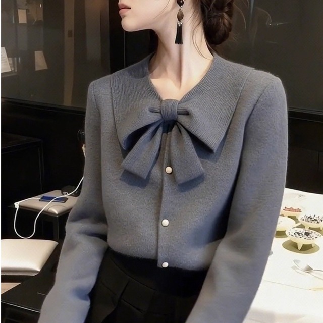 リボンタイ 長袖 クロップド ニットカーディガン K1149