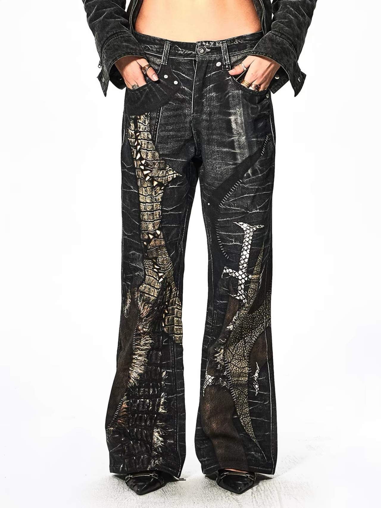 【DND4DES】Leather Cross Splicing Printed Jeans