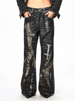 【DND4DES】Leather Cross Splicing Printed Jeans