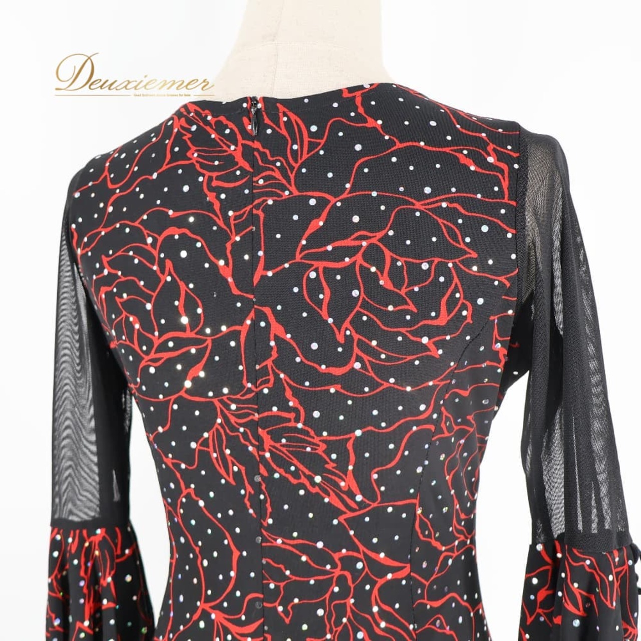 社交ダンス 衣装 JUN FASHION ドレス ワンピース ブラック系 花 花柄 ホログラム キラキラ レース 透け感 上品 練習 レッスン 黒 赤 伸縮 ストレッチ ダンス衣装 イベント ステージ パーティー レディース 柄 模様 レッド系