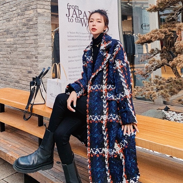 ボールドチェック ロングチェスターコート ティールブルーミックス CT00023