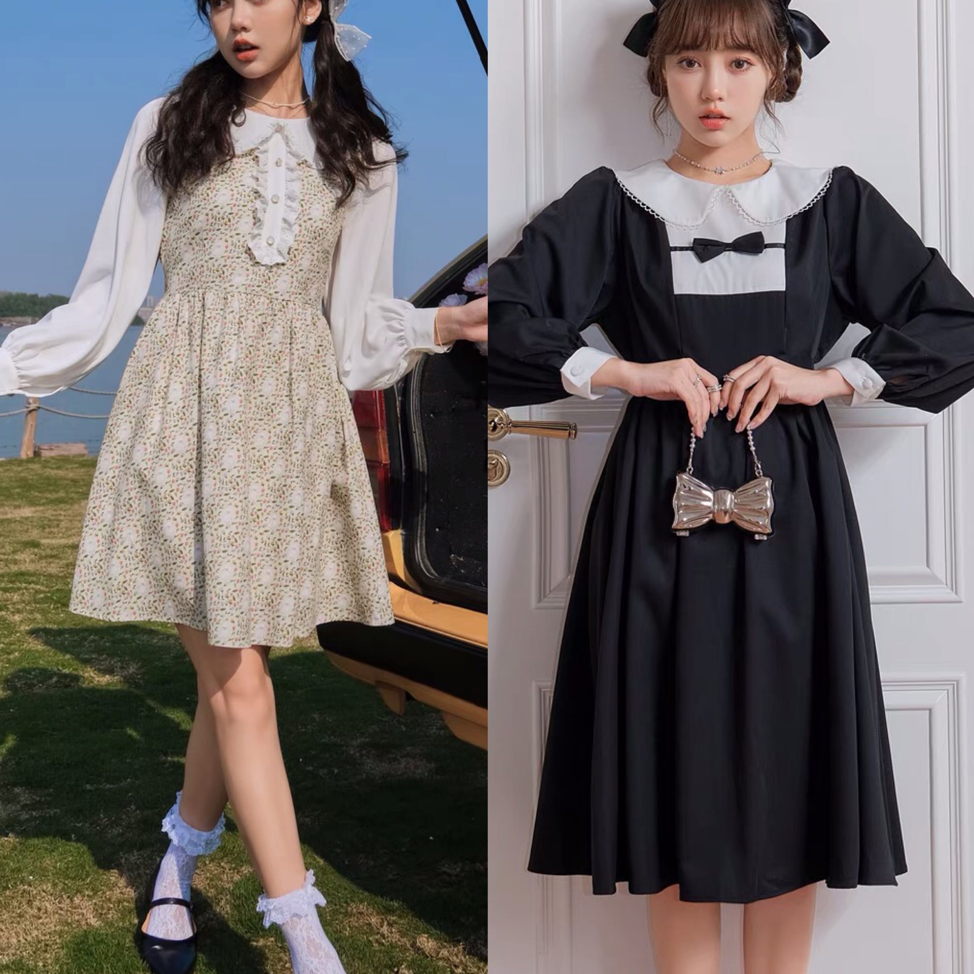 ワンピース リボン 黒 ミニスカート ワンピース 制服 スクール パンダ