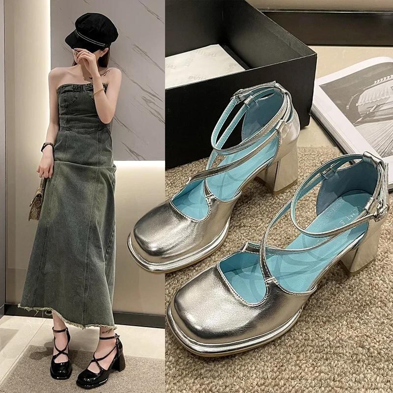 女性用の伸縮性バンド付きハイヒールサンダル,浅い口の靴,丸いつま先のスーツ,ベージュ,レトロなファッション,ラグジュアリー,2024