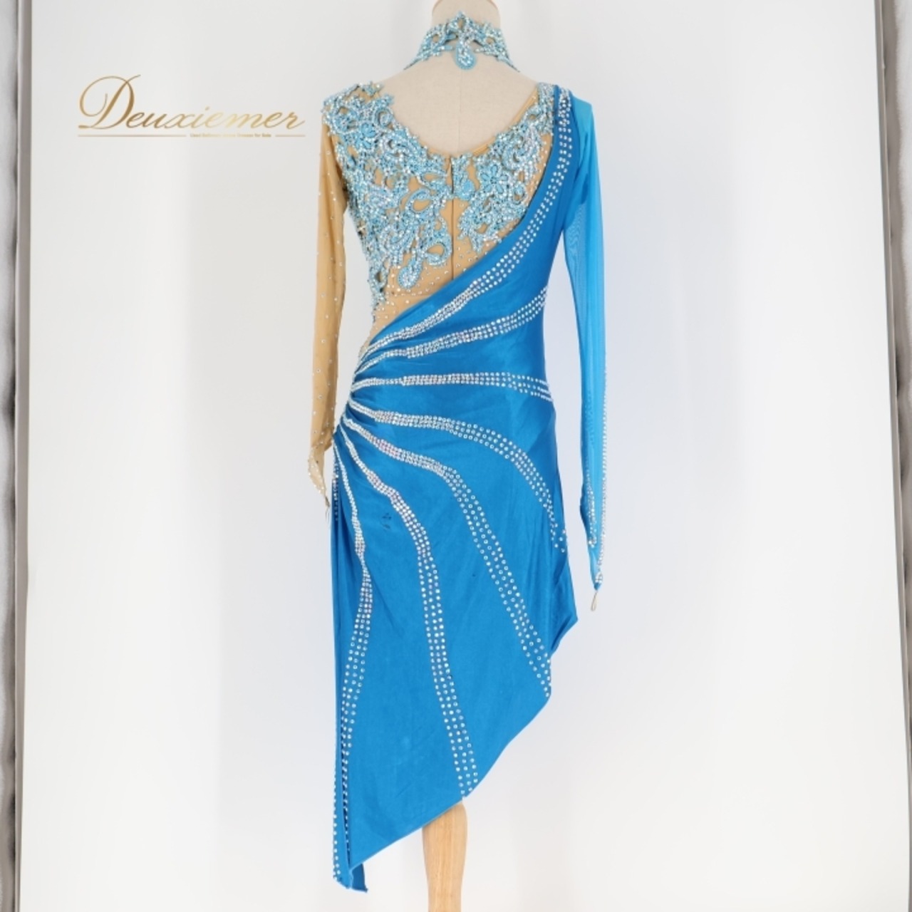 社交ダンス 衣装 ラテン ドレス ワンピース ラテンドレス 青 デモ 競技 パーティ 発表会 クロッチ ブルー系 鮮やか色 おしゃれ フォーマル ダンス衣装 レディース 競技用 ステージ用 コスチューム