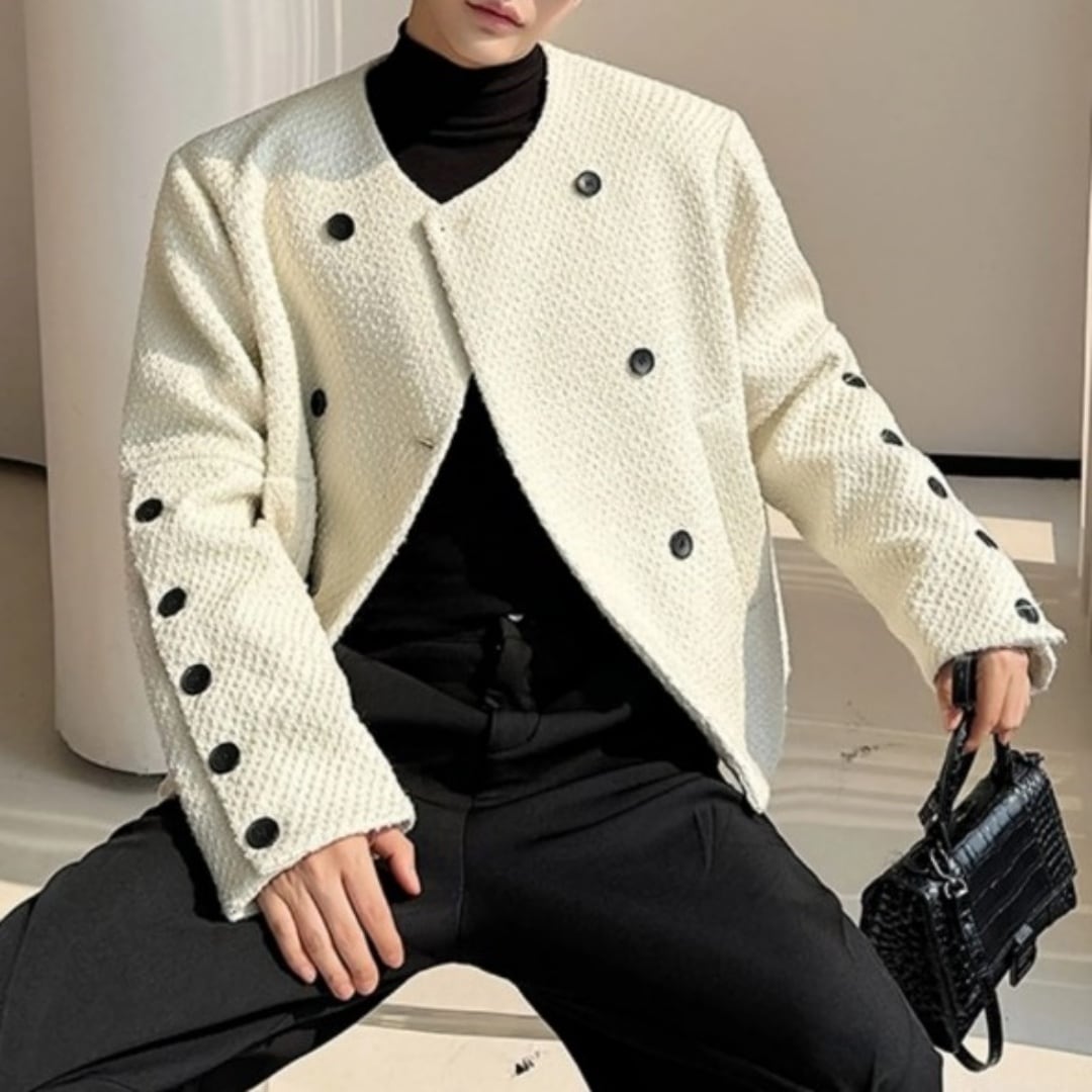 ノーカラー ツイード風ジャケット 2カラー D10588 | 韓国メンズ