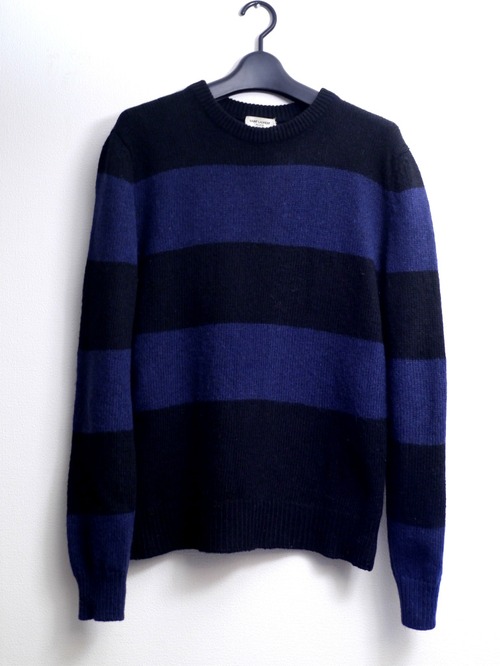 美品◆SAINTLAURENT PARIS サンローラン ボーダー柄 ウール ニット セーター 黒x青 S◆ 着回しにも便利な上質ウール素材のボーダーニット♪