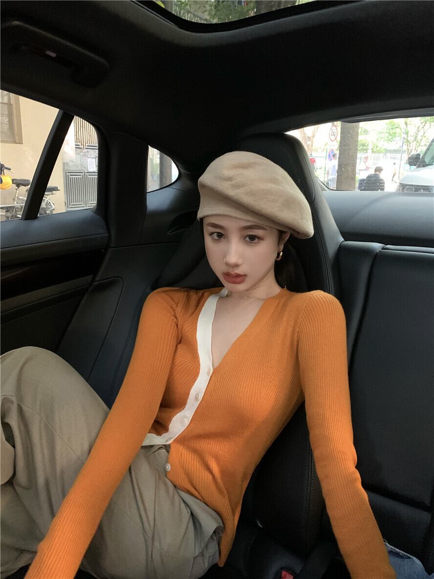 オレンジVネックニットカーディガンオータム薄手セーター コート ジャケット ロング 秋物 モンロー20195208380